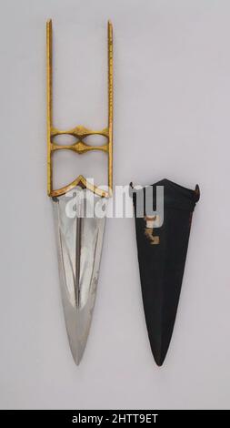 Kunst inspiriert von Dagger (Katar) mit Mantel, 18.–19. Jahrhundert, Indianer, Stahl, Gold, Leder, L. mit Mantel 16 7/8 Zoll (42,9 cm); L. ohne Mantel 15 9/16 Zoll (39,5 cm); L. der Klinge 8 3/4 Zoll (22,2 cm); B: 3 1/16 Zoll (7,8 cm); D. 9/16 Zoll (1,4 cm); Gewicht 14,6 oz. (413,9 g); WT. Of, Klassisches Werk, modernisiert von Artotop mit einem Schuss Moderne. Formen, Farbe und Wert, auffällige visuelle Wirkung auf Kunst. Emotionen durch Freiheit von Kunstwerken auf zeitgemäße Weise. Eine zeitlose Botschaft, die eine wild kreative neue Richtung verfolgt. Künstler, die sich dem digitalen Medium zuwenden und die Artotop NFT erschaffen Stockfoto