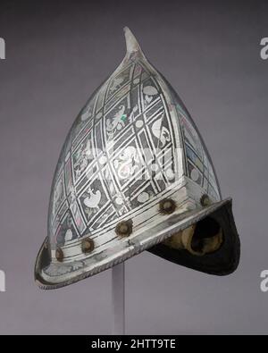 Kunst inspiriert von Morion-Cabasset, ca. 1575, Italienisch, Stahl, Messing, Leder, H. 11 Zoll (27,9 cm); B: 8 3/8 Zoll (21,3 cm); D. 14 Zoll (35,6 cm); Gewicht 3 lb. 7 oz. (1555 g), Helme, Classic Works modernisiert von Artotop mit einem Schuss Modernität. Formen, Farbe und Wert, auffällige visuelle Wirkung auf Kunst. Emotionen durch Freiheit von Kunstwerken auf zeitgemäße Weise. Eine zeitlose Botschaft, die eine wild kreative neue Richtung verfolgt. Künstler, die sich dem digitalen Medium zuwenden und die Artotop NFT erschaffen Stockfoto