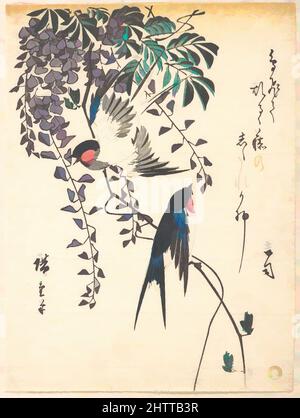 Kunst inspiriert von Swallow und Wisteria, Edo-Zeit (1615–1868), Mitte 1840s, Japan, Polychromer Holzschnitt; Tinte und Farbe auf Papier, 8 27/32 x 6 3/5 Zoll (22,5 x 16,8 cm), Drucke, Utagawa Hiroshige (Japanisch, Tokio (Edo) 1797–1858 Tokio (Edo, Klassisches Werk, das von Artotop mit einem Schuss Moderne modernisiert wurde. Formen, Farbe und Wert, auffällige visuelle Wirkung auf Kunst. Emotionen durch Freiheit von Kunstwerken auf zeitgemäße Weise. Eine zeitlose Botschaft, die eine wild kreative neue Richtung verfolgt. Künstler, die sich dem digitalen Medium zuwenden und die Artotop NFT erschaffen Stockfoto