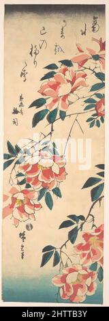 Kunst inspiriert von Rosen, Edo-Zeit (1615–1868), ca. 1843, Japan, Polychromer Holzschnitt; Tinte und Farbe auf Papier, 13 1/4 x 4 15/32 Zoll (33,7 x 11,4 cm), Drucke, Utagawa Hiroshige (Japanisch, Tokio (Edo) 1797–1858 Tokio (Edo, Klassisches Werk, das von Artotop mit einem Schuss Moderne modernisiert wurde. Formen, Farbe und Wert, auffällige visuelle Wirkung auf Kunst. Emotionen durch Freiheit von Kunstwerken auf zeitgemäße Weise. Eine zeitlose Botschaft, die eine wild kreative neue Richtung verfolgt. Künstler, die sich dem digitalen Medium zuwenden und die Artotop NFT erschaffen Stockfoto