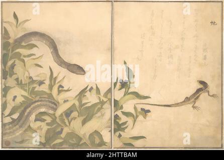 Kunst, inspiriert von Rattenschlange (Hebi); Eidechse oder Skink (Tokage), aus dem Bilderbuch der kriechenden Kreaturen (Ehon mushi erami), 『画本虫撰』「虵」「とかけ」, Edo-Periode (1615–1868), 1788, Japan, Seite aus dem Buch mit Holzschnitt; Tinte und Farbe auf Papier, insgesamt: 10 1/2 x 7 1/4in. (26,7 x 18,4cm), Drucke, Klassisches Werk, modernisiert von Artotop mit einem Schuss Moderne. Formen, Farbe und Wert, auffällige visuelle Wirkung auf Kunst. Emotionen durch Freiheit von Kunstwerken auf zeitgemäße Weise. Eine zeitlose Botschaft, die eine wild kreative neue Richtung verfolgt. Künstler, die sich dem digitalen Medium zuwenden und die Artotop NFT erschaffen Stockfoto