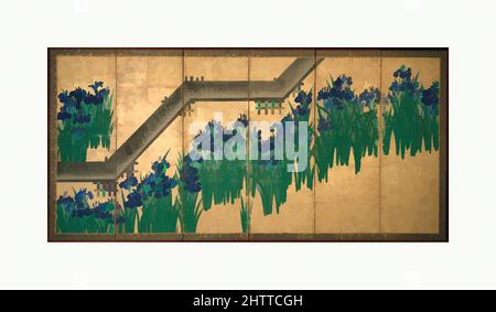 Kunst inspiriert von Irises in Yatsuhashi (Acht Brücken), 八橋図屏風, Edo-Zeit (1615–1868), nach 1709, Japan, Zwei sechsköpfige Klappsiebe; Tinte und Farbe auf Blattgold auf Papier, Bild (jeder Bildschirm): 64 7/16 Zoll x 11ft. 6 3/4 Zoll (163,7 x 352,4 cm), Leinwände, Ogata Kōrin (japanisch, 1658–, Klassisches Werk, modernisiert von Artotop mit einem Schuss Moderne. Formen, Farbe und Wert, auffällige visuelle Wirkung auf Kunst. Emotionen durch Freiheit von Kunstwerken auf zeitgemäße Weise. Eine zeitlose Botschaft, die eine wild kreative neue Richtung verfolgt. Künstler, die sich dem digitalen Medium zuwenden und die Artotop NFT erschaffen Stockfoto