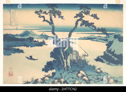 Kunst inspiriert vom Suwa-See in der Provinz Shinano (Shinshū Suwako), aus der Serie 36 Ansichten des Fuji-Berges (Fugaku sanjūrokkei), 冨嶽三十六景 信州諏訪湖, Edo-Periode (1615–1868), ca. 1830–32, Japan, Polychromer Holzschnitt; Tinte und Farbe auf Papier, 9 3/4 x 14 7/8 Zoll (24,8 x 37,8 cm), Drucke, von Artotop modernisierte Klassiker mit einem Schuss Moderne. Formen, Farbe und Wert, auffällige visuelle Wirkung auf Kunst. Emotionen durch Freiheit von Kunstwerken auf zeitgemäße Weise. Eine zeitlose Botschaft, die eine wild kreative neue Richtung verfolgt. Künstler, die sich dem digitalen Medium zuwenden und die Artotop NFT erschaffen Stockfoto