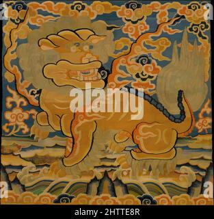 Kunst inspiriert von 明早期 緙絲獅子補, Rang-Abzeichen mit Löwen, Ming-Dynastie (1368–1644), 15. Jahrhundert, China, Seide und metallischer Faden-Wandteppich (Kesi), insgesamt: 15 1/2 x 14 1/2 Zoll (39,4 x 36,8cm), Textiles-Embroidered, während der Ming-Dynastie, trugen die Publikumsroben von Regierungsbeamten, Klassische Werke, die von Artotop mit einem Schuss Moderne modernisiert wurden. Formen, Farbe und Wert, auffällige visuelle Wirkung auf Kunst. Emotionen durch Freiheit von Kunstwerken auf zeitgemäße Weise. Eine zeitlose Botschaft, die eine wild kreative neue Richtung verfolgt. Künstler, die sich dem digitalen Medium zuwenden und die Artotop NFT erschaffen Stockfoto
