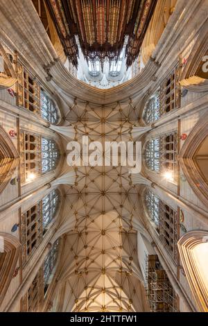 York.Yorkshire.Vereinigtes Königreich.Februar 14. 2022.Blick auf die Decke im Sumpf der York Minster Kathedrale in Yorkshire Stockfoto