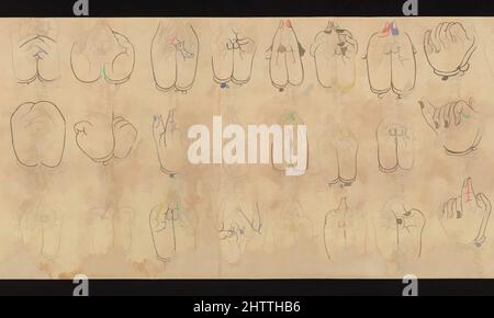 Kunst inspiriert von 白描印相図巻, Mudras-Schriftrolle, Heian-Zeit (794–1185), 11.–12. Jahrhundert, Japan, Handscroll; Tinte auf Papier, 11 3/16 x 97 1/2 Zoll (28,4 x 247,6 cm), Gemälde, Diese Handrolle zeigt Handgesten als Mudras in Sanskrit bekannt, die indische Sprache, in der viele frühe esoterische, Klassische Werke modernisiert von Artotop mit einem Schuss der Moderne. Formen, Farbe und Wert, auffällige visuelle Wirkung auf Kunst. Emotionen durch Freiheit von Kunstwerken auf zeitgemäße Weise. Eine zeitlose Botschaft, die eine wild kreative neue Richtung verfolgt. Künstler, die sich dem digitalen Medium zuwenden und die Artotop NFT erschaffen Stockfoto