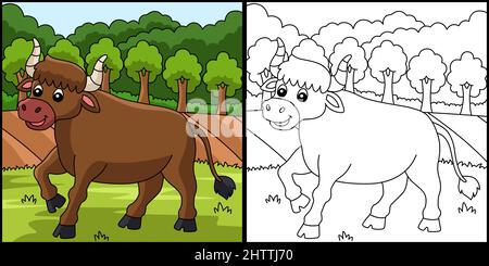 Ox Coloring Seite Farbige Illustration Stock Vektor