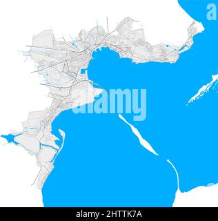 Kertsch, Krim, Ukraine hochauflösende Vektorkarte mit Stadtgrenzen und umrissenen Wegen. Weiße zusätzliche Umrisse für Hauptstraßen. Viele Details. Bl Stock Vektor