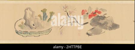 Kunst inspiriert von Blumen, Edo-Zeit (1615–1868), 1831, Japan, Handscroll; Tinte und Farbe auf Papier, 6 3/4 Zoll × 12 ft. 7 5/16 Zoll (17,2 × 384,3 cm), Gemälde, Okada Hankō (japanisch, 1782–1846), Hankō, Der Sohn von Okada Beisanjin (1744–1820) wuchs in dem literati-Kreis auf, der sich versammelt hatte, klassische Werke, die von Artotop mit einem Schuss Moderne modernisiert wurden. Formen, Farbe und Wert, auffällige visuelle Wirkung auf Kunst. Emotionen durch Freiheit von Kunstwerken auf zeitgemäße Weise. Eine zeitlose Botschaft, die eine wild kreative neue Richtung verfolgt. Künstler, die sich dem digitalen Medium zuwenden und die Artotop NFT erschaffen Stockfoto