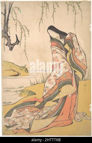 Kunst inspiriert von Kanjo: Eine Hofdame, Edo-Zeit (1615–1868), ca. 1790, Japan, Polychromer Holzschnitt; Tinte und Farbe auf Papier, 15 x 10 Zoll (38,1 x 25,4 cm), Drucke, Torii Kiyonaga (japanisch, 1752–1815), Kiyonagas Platzierung von Frauen im Freien ebnete den Weg für die von Artotop modernisierten Classic Works mit einem Schuss Moderne. Formen, Farbe und Wert, auffällige visuelle Wirkung auf Kunst. Emotionen durch Freiheit von Kunstwerken auf zeitgemäße Weise. Eine zeitlose Botschaft, die eine wild kreative neue Richtung verfolgt. Künstler, die sich dem digitalen Medium zuwenden und die Artotop NFT erschaffen Stockfoto