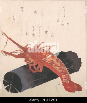 Von Hummer inspirierte Kunst auf einem Stück Kohle, Edo-Zeit (1615–1868), Japan, Polychromer Holzschnitt (Surimono); Tinte und Farbe auf Papier, 8 3/16 x 7 1/4 Zoll (20,8 x 18,4 cm), Drucke, Totoya Hokkei (japanisch, 1780–1850, Klassische Werke, die von Artotop mit einem Schuss Moderne modernisiert wurden. Formen, Farbe und Wert, auffällige visuelle Wirkung auf Kunst. Emotionen durch Freiheit von Kunstwerken auf zeitgemäße Weise. Eine zeitlose Botschaft, die eine wild kreative neue Richtung verfolgt. Künstler, die sich dem digitalen Medium zuwenden und die Artotop NFT erschaffen Stockfoto