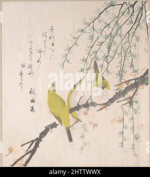 Kunst inspiriert von japanischen White-Eyes mit Pflaumenbaum und Weide, aus Spring Rain Surimono Album (Harusame surimono-jō, Band 3), 梅と柳に目白, Edo-Periode (1615–1868), ca. 1810, Japan, privat veröffentlichte mehrfarbige Holzschnitte (Surimono) in einem Album; Tusche und Farbe auf Papier, 8 1/4, Klassische Werke, die von Artotop mit einem Schuss Moderne modernisiert wurden. Formen, Farbe und Wert, auffällige visuelle Wirkung auf Kunst. Emotionen durch Freiheit von Kunstwerken auf zeitgemäße Weise. Eine zeitlose Botschaft, die eine wild kreative neue Richtung verfolgt. Künstler, die sich dem digitalen Medium zuwenden und die Artotop NFT erschaffen Stockfoto