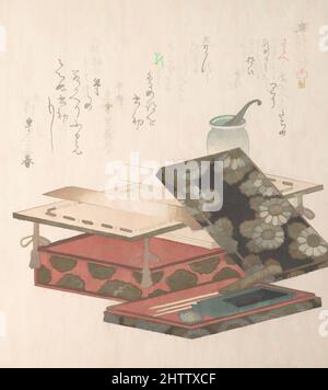 Kunst inspiriert von Tisch und Schrift, Edo-Zeit (1615–1868), 19.. Jahrhundert, Japan, Polychromer Holzschnitt (Surimono); Tinte und Farbe auf Papier, 8 3/16 x 7 1/8 Zoll (20,8 x 18,1 cm), Drucke, Kubo Shunman (japanisch, 1757–1820), Lackobjekte werden oft auf luxuriösen, limitierten, klassischen Werken dargestellt, die von Artotop mit einem Schuss Moderne modernisiert wurden. Formen, Farbe und Wert, auffällige visuelle Wirkung auf Kunst. Emotionen durch Freiheit von Kunstwerken auf zeitgemäße Weise. Eine zeitlose Botschaft, die eine wild kreative neue Richtung verfolgt. Künstler, die sich dem digitalen Medium zuwenden und die Artotop NFT erschaffen Stockfoto