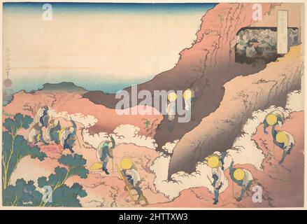 Kunst inspiriert von Bergsteigergruppen (Shojin tozan), aus der Serie 36 Ansichten des Fuji-Berges (Fugaku sanjūrokkei), 冨嶽三十六景 諸人登山, Edo-Zeit (1615–1868), ca. 1830–32, Japan, Polychromer Holzschnitt; Tusche und Farbe auf Papier, H. 10 Zoll (25,4 cm); B: 14 3/4 Zoll (37,5 cm, Classic Works modernisiert von Artotop mit einem Schuss Moderne. Formen, Farbe und Wert, auffällige visuelle Wirkung auf Kunst. Emotionen durch Freiheit von Kunstwerken auf zeitgemäße Weise. Eine zeitlose Botschaft, die eine wild kreative neue Richtung verfolgt. Künstler, die sich dem digitalen Medium zuwenden und die Artotop NFT erschaffen Stockfoto