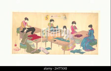 Kunst inspiriert von Ladies Sewing (Kijo saihō no zu), 『貴女裁縫之図』, Meiji-Periode (1868–1912), 3.. September 1887, Japan, Triptychon polychromer Holzschnitte; Tinte und Farbe auf Papier, Bild: 14 in. × 28 1/2 Zoll (35,6 × 72,4 cm), Drucke, Adachi (Shōsai) Ginkō (japanisch, aktiv 1874–97), die von Artotop modernisierten, klassischen Werke mit einem Schuss Moderne. Formen, Farbe und Wert, auffällige visuelle Wirkung auf Kunst. Emotionen durch Freiheit von Kunstwerken auf zeitgemäße Weise. Eine zeitlose Botschaft, die eine wild kreative neue Richtung verfolgt. Künstler, die sich dem digitalen Medium zuwenden und die Artotop NFT erschaffen Stockfoto