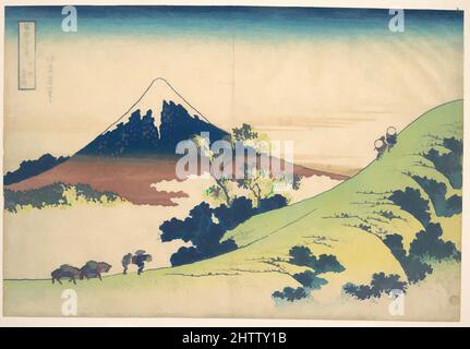 Kunst inspiriert vom Inume-Pass in der Provinz Kai (Kōshū Inume tōge), aus der Serie 36 Ansichten des Fuji-Berges (Fugaku sanjūrokkei), 冨嶽三十六景 甲州犬目峠, Edo-Periode (1615–1868), ca. 1830–32, Japan, Polychromer Holzschnitt; Tusche und Farbe auf Papier, H. 9 11/16 Zoll (24,6 cm); W. 14 1/4 in, Klassisches Werk, modernisiert von Artotop mit einem Schuss Moderne. Formen, Farbe und Wert, auffällige visuelle Wirkung auf Kunst. Emotionen durch Freiheit von Kunstwerken auf zeitgemäße Weise. Eine zeitlose Botschaft, die eine wild kreative neue Richtung verfolgt. Künstler, die sich dem digitalen Medium zuwenden und die Artotop NFT erschaffen Stockfoto