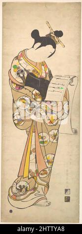 Kunst inspiriert vom Kabuki-Schauspieler Segawa Kikunojo in der Rolle eines Kurtisanen beim Lesen eines Briefes, 初代瀬川菊之丞の傾城図, Edo-Periode (1615–1868), Ende 1740s, Japan, Polychromer Holzschnitt; Tinte und Farbe auf Papier, H. 26 3/4 Zoll (67,9 cm); B: 9 5/8 Zoll (24,4 cm), Drucke, Ishikawa Toyonobu (Japanisch, Klassisches Werk, das von Artotop mit einem Schuss Moderne modernisiert wurde. Formen, Farbe und Wert, auffällige visuelle Wirkung auf Kunst. Emotionen durch Freiheit von Kunstwerken auf zeitgemäße Weise. Eine zeitlose Botschaft, die eine wild kreative neue Richtung verfolgt. Künstler, die sich dem digitalen Medium zuwenden und die Artotop NFT erschaffen Stockfoto