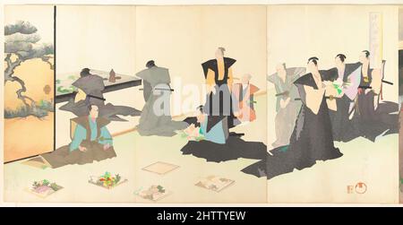 Kunst inspiriert von Chiyoda Castle (Album of Men), Meiji-Zeit (1868–1912), 1897, Japan, Triptychon polychromer Holzschnitte; Tinte und Farbe auf Papier, L. (Seite) 13 7/8 Zoll (35,2 cm); W. (Seite) 9 1/4 Zoll (23,4 cm); Dicke des Albums 1 9/16 Zoll (4 cm), Drucke, Yōshū (Hashimoto, Klassisches Werk, das von Artotop mit einem Schuss Moderne modernisiert wurde. Formen, Farbe und Wert, auffällige visuelle Wirkung auf Kunst. Emotionen durch Freiheit von Kunstwerken auf zeitgemäße Weise. Eine zeitlose Botschaft, die eine wild kreative neue Richtung verfolgt. Künstler, die sich dem digitalen Medium zuwenden und die Artotop NFT erschaffen Stockfoto