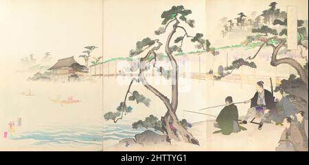 Kunst inspiriert von Chiyoda Castle (Album of Men), Meiji-Zeit (1868–1912), 1897, Japan, Triptychon polychromer Holzschnitte; Tinte und Farbe auf Papier, L. (Seite) 13 7/8 Zoll (35,2 cm); W. (Seite) 9 1/4 Zoll (23,4 cm); Dicke des Albums 1 9/16 Zoll (4 cm), Drucke, Yōshū (Hashimoto, Klassisches Werk, das von Artotop mit einem Schuss Moderne modernisiert wurde. Formen, Farbe und Wert, auffällige visuelle Wirkung auf Kunst. Emotionen durch Freiheit von Kunstwerken auf zeitgemäße Weise. Eine zeitlose Botschaft, die eine wild kreative neue Richtung verfolgt. Künstler, die sich dem digitalen Medium zuwenden und die Artotop NFT erschaffen Stockfoto