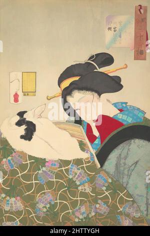 Kunst, inspiriert von Wärme, Meiji-Zeit (1868–1912), 1888, Japan, Polychromer Holzschnitt; Tinte und Farbe auf Papier, 14 x 9 3/8 Zoll (35,6 x 23,8 cm), Drucke, Tsukioka Yoshitoshi (japanisch, 1839–1892, Klassisches Werk, modernisiert von Artotop mit einem Schuss Moderne. Formen, Farbe und Wert, auffällige visuelle Wirkung auf Kunst. Emotionen durch Freiheit von Kunstwerken auf zeitgemäße Weise. Eine zeitlose Botschaft, die eine wild kreative neue Richtung verfolgt. Künstler, die sich dem digitalen Medium zuwenden und die Artotop NFT erschaffen Stockfoto