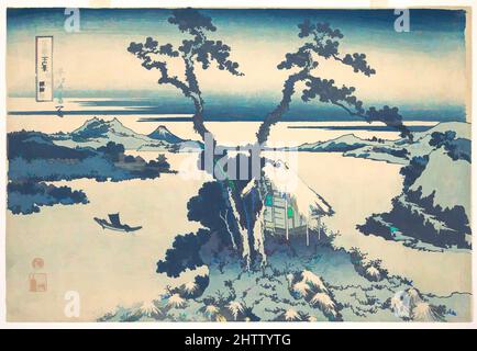 Kunst inspiriert vom Suwa-See in der Provinz Shinano (Shinshū Suwako), aus der Serie 36 Ansichten des Fuji-Berges (Fugaku sanjūrokkei), 冨嶽三十六景 信州諏訪湖, Edo-Periode (1615–1868), ca. 1830–32, Japan, Polychromer Holzschnitt; Tinte und Farbe auf Papier, 10 1/4 x 15 1/8 Zoll (26 x 38,4 cm), Drucke, von Artotop modernisierte Klassiker mit einem Schuss Moderne. Formen, Farbe und Wert, auffällige visuelle Wirkung auf Kunst. Emotionen durch Freiheit von Kunstwerken auf zeitgemäße Weise. Eine zeitlose Botschaft, die eine wild kreative neue Richtung verfolgt. Künstler, die sich dem digitalen Medium zuwenden und die Artotop NFT erschaffen Stockfoto