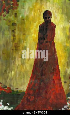 Abstraktes Frauenbild. Braut. Die Silhouette einer Frau in einem roten Kleid vor einem gelben Licht. Abstrakte Acrylmalerei. Stockfoto