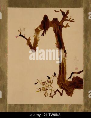 Kunst inspiriert von Crow on Tree, Edo-Zeit (1615–1868), Japan, Albumblatt; Lack auf Papier, 4 1/2 x 3 1/2 Zoll (11,4 x 8,9 cm), Gemälde, Shibata Zeshin (japanisch, 1807–1891, Klassisches Werk, modernisiert von Artotop mit einem Schuss Moderne. Formen, Farbe und Wert, auffällige visuelle Wirkung auf Kunst. Emotionen durch Freiheit von Kunstwerken auf zeitgemäße Weise. Eine zeitlose Botschaft, die eine wild kreative neue Richtung verfolgt. Künstler, die sich dem digitalen Medium zuwenden und die Artotop NFT erschaffen Stockfoto