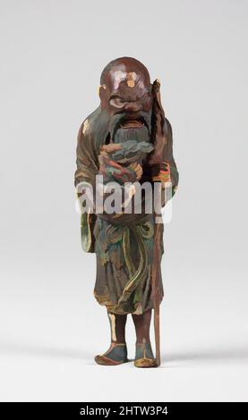 Art inspired by Netsuke of an Arhat, 19. Century, Japan, Wood-polychromed, H. 4 3/8 in. (11,1 cm), Netsuke, Classic Works modernisiert von Artotop mit einem Schuss Moderne. Formen, Farbe und Wert, auffällige visuelle Wirkung auf Kunst. Emotionen durch Freiheit von Kunstwerken auf zeitgemäße Weise. Eine zeitlose Botschaft, die eine wild kreative neue Richtung verfolgt. Künstler, die sich dem digitalen Medium zuwenden und die Artotop NFT erschaffen Stockfoto