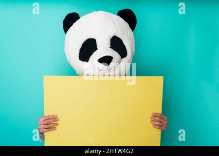 Mann mit Panda-Maske Mann mit leerem gelben Plakat isoliert auf blauem Hintergrund Stockfoto