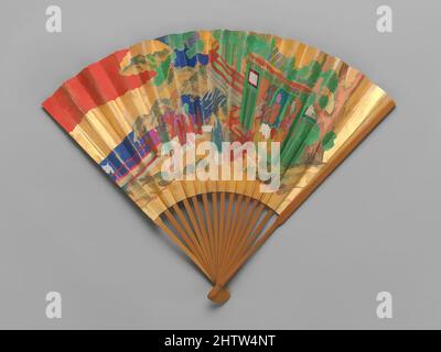 Kunst inspiriert von Chūkei Fan, Edo-Zeit (1615–1868), 19. Jahrhundert, Japan, Tinte, Farbe und Blattgold auf Papier; Bambus und Lack, 13 1/4 × 19 Zoll (33,7 × 48,3 cm), Fans, ein wichtiges Accessoire der Noh-Schauspieler ist der chūkei-Fan. In den raffinierten und vereinfachten Aufführungen spielt der Fan eine von Artotop modernisierte, klassische Arbeit mit einem Schuss Modernität. Formen, Farbe und Wert, auffällige visuelle Wirkung auf Kunst. Emotionen durch Freiheit von Kunstwerken auf zeitgemäße Weise. Eine zeitlose Botschaft, die eine wild kreative neue Richtung verfolgt. Künstler, die sich dem digitalen Medium zuwenden und die Artotop NFT erschaffen Stockfoto