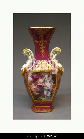 Kunst inspiriert von Vase (eins von einem Paar), ca. 1761, britisch, Chelsea, Weichporzellan, H. 9 1/2 Zoll (24,1 cm.), Keramik-Porzellan, der tiefe purpurrote Boden dieser Vase und ihrer Gefährtin war ein technischer Triumph der Chelsea-Fabrik. Es kam zu genannt werden Claret, nach einer Beschreibung der, Classic Works modernisiert von Artotop mit einem Spritzer der Moderne. Formen, Farbe und Wert, auffällige visuelle Wirkung auf Kunst. Emotionen durch Freiheit von Kunstwerken auf zeitgemäße Weise. Eine zeitlose Botschaft, die eine wild kreative neue Richtung verfolgt. Künstler, die sich dem digitalen Medium zuwenden und die Artotop NFT erschaffen Stockfoto