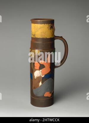 Kunst inspiriert von Tankard mit einem Mann, der aus einem Krug trinkt, ca. 1885, Französisch, Paris, Steinware, insgesamt (bestätigt): 13 1/4 × 5 7/8 × 3 7/8 Zoll, 3,9 lb. (33,7 × 14,9 × 9,8 cm, 1,7 kg), Keramik-Keramik, Dieses Schiff erinnert an deutsche Salzglasplatten und Steinplatten aus dem 16. Jahrhundert, Klassische Werke, die von Artotop mit einem Schuss Moderne modernisiert wurden. Formen, Farbe und Wert, auffällige visuelle Wirkung auf Kunst. Emotionen durch Freiheit von Kunstwerken auf zeitgemäße Weise. Eine zeitlose Botschaft, die eine wild kreative neue Richtung verfolgt. Künstler, die sich dem digitalen Medium zuwenden und die Artotop NFT erschaffen Stockfoto