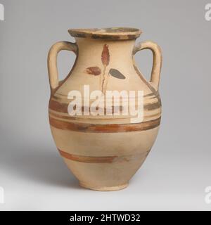 Kunst inspiriert von Terracotta Amphora (Glas), archaisch, 6. Jahrhundert v. Chr., Ostgriechisch, Terracotta, H. 9 3/8 Zoll (23,8 cm), Vasen, Amphora mit Bändern und an den Halsketten Blattgruppen, von Artotop modernisierte Classic Works mit einem Schuss Modernität. Formen, Farbe und Wert, auffällige visuelle Wirkung auf Kunst. Emotionen durch Freiheit von Kunstwerken auf zeitgemäße Weise. Eine zeitlose Botschaft, die eine wild kreative neue Richtung verfolgt. Künstler, die sich dem digitalen Medium zuwenden und die Artotop NFT erschaffen Stockfoto