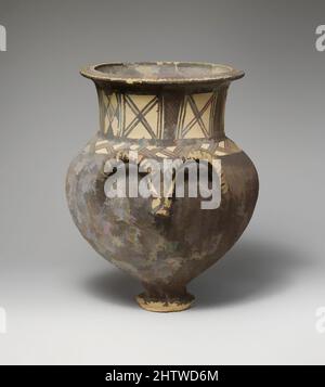 Kunst inspiriert von Terracotta Amphora (JAR), Cypro-Geometric I, 1050–950 v. Chr., Zypern, Terracotta, H. 8 1/2 Zoll (21,59 cm), Vasen, die Griffe sind in Form eines stilisierten Ziegenkopfes, Classic Works modernisiert von Artotop mit einem Schuss Moderne. Formen, Farbe und Wert, auffällige visuelle Wirkung auf Kunst. Emotionen durch Freiheit von Kunstwerken auf zeitgemäße Weise. Eine zeitlose Botschaft, die eine wild kreative neue Richtung verfolgt. Künstler, die sich dem digitalen Medium zuwenden und die Artotop NFT erschaffen Stockfoto