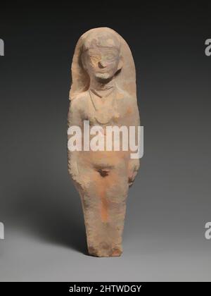 Kunst inspiriert durch stehende weibliche Figur, Cypro-Archaic II, ca. 600–480 v. Chr., zypriotisch, Terrakotta; Schimmelpilzbildung, H. 13 5/8 Zoll (34,6 cm), Terracottas, solche Terracottas waren wichtig für die Einführung nahöstlicher Ikonografien in die griechische Welt, Klassische Werke, die von Artotop mit einem Schuss Moderne modernisiert wurden. Formen, Farbe und Wert, auffällige visuelle Wirkung auf Kunst. Emotionen durch Freiheit von Kunstwerken auf zeitgemäße Weise. Eine zeitlose Botschaft, die eine wild kreative neue Richtung verfolgt. Künstler, die sich dem digitalen Medium zuwenden und die Artotop NFT erschaffen Stockfoto