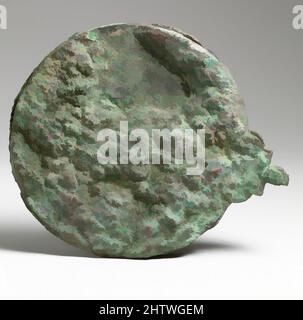 Kunst inspiriert von Spiegel, 6. Jahrhundert v. Chr., Griechisch, Zypern, Bronze, Sonstiges: 5 7/8in. (14,9cm), Bronzes, Classic Works modernisiert von Artotop mit einem Schuss Moderne. Formen, Farbe und Wert, auffällige visuelle Wirkung auf Kunst. Emotionen durch Freiheit von Kunstwerken auf zeitgemäße Weise. Eine zeitlose Botschaft, die eine wild kreative neue Richtung verfolgt. Künstler, die sich dem digitalen Medium zuwenden und die Artotop NFT erschaffen Stockfoto