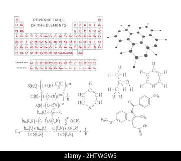 Chemie und mendeleeeev Tabelle Vektor-Illustration isoliert auf weißem Hintergrund. Stock Vektor