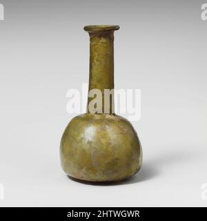 Kunst inspiriert von Parfümflasche aus Glas, Mid Imperial, 2.–3. Jahrhundert n. Chr., Roman, Glas; Durchgebrannt, insgesamt: 5 Zoll (12,7 cm), Glas, lichtdurchlässig gelb grün. Röhrenrand ausgeklappt, über und in, oben abgeflacht; zylindrischer Hals, Nach unten expandend, mit Werkzeugmarkierungen um die Basis herum, modernisierte Classic Works von Artotop mit einem Schuss Moderne. Formen, Farbe und Wert, auffällige visuelle Wirkung auf Kunst. Emotionen durch Freiheit von Kunstwerken auf zeitgemäße Weise. Eine zeitlose Botschaft, die eine wild kreative neue Richtung verfolgt. Künstler, die sich dem digitalen Medium zuwenden und die Artotop NFT erschaffen Stockfoto