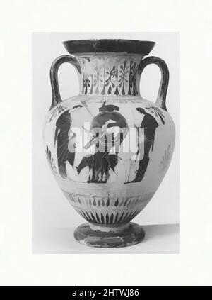 Kunst inspiriert von Neck-Amphora, archaisch, letztes Viertel des 6.. Jahrhunderts v. Chr., Griechisch, Dachboden, Terrakotta; schwarze Figur, Sonstiges: 16 3/4 Zoll (42,5 cm), Vasen, Classic Works modernisiert von Artotop mit einem Schuss Moderne. Formen, Farbe und Wert, auffällige visuelle Wirkung auf Kunst. Emotionen durch Freiheit von Kunstwerken auf zeitgemäße Weise. Eine zeitlose Botschaft, die eine wild kreative neue Richtung verfolgt. Künstler, die sich dem digitalen Medium zuwenden und die Artotop NFT erschaffen Stockfoto