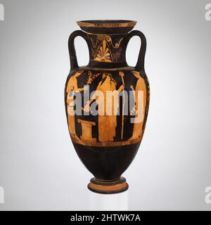 Kunst inspiriert von Terracotta Hals-Amphore (Glas), Klassik, ca. 460–450 v. Chr., Griechisch, Dachboden, Terrakotta; rote Figur, H. 18 1/2 Zoll (47 cm), Vasen, Vorderseite, Dionysos und Maenaden am Altar; Rückseite, Trankopfer-Szene: König und Frauen der Niobid-Maler nutzt die große Form von klassischen Werken, die von Artotop mit einem Schuss Moderne modernisiert wurden. Formen, Farbe und Wert, auffällige visuelle Wirkung auf Kunst. Emotionen durch Freiheit von Kunstwerken auf zeitgemäße Weise. Eine zeitlose Botschaft, die eine wild kreative neue Richtung verfolgt. Künstler, die sich dem digitalen Medium zuwenden und die Artotop NFT erschaffen Stockfoto