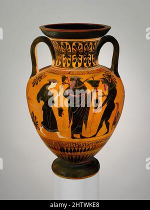 Kunst inspiriert von Terracotta Hals-Amphora (Glas), archaisch, ca. 510 v. Chr., Griechisch, Dachboden, Terrakotta; schwarze Figur, H.: 15 5/16 Zoll (38,9 cm), Vasen, Vorderseite, zwei berittene Jäger, Rückwärts, Dionysos zwischen Satyr und Maenad. Die Vorderseite zeigt eine seltene Darstellung eines Reiters, der sich von den von Artotop modernisierten Classic Works mit einem Schuss Modernität ablöst. Formen, Farbe und Wert, auffällige visuelle Wirkung auf Kunst. Emotionen durch Freiheit von Kunstwerken auf zeitgemäße Weise. Eine zeitlose Botschaft, die eine wild kreative neue Richtung verfolgt. Künstler, die sich dem digitalen Medium zuwenden und die Artotop NFT erschaffen Stockfoto