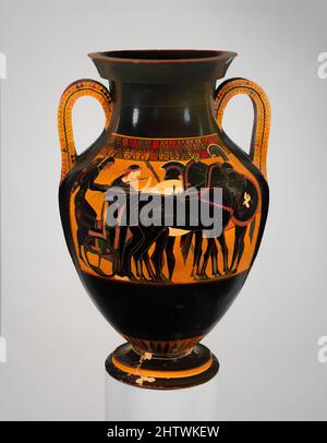 Kunst inspiriert von Terracotta Amphora (Glas), archaisch, ca. 510 v. Chr., Griechisch, Dachboden, Terrakotta; schwarze Figur, H. 20 1/8 Zoll (51,1 cm), Vasen, Vorderseite, Wagenabsatz, Rückwärts, Frontaler Streitwagen. Chariot-Szenen sind auf schwarzen Vasen des späten sechsten Jahrhunderts v. Chr. beliebt. Die umfangreichen, klassischen Werke, die von Artotop mit einem Schuss Moderne modernisiert wurden. Formen, Farbe und Wert, auffällige visuelle Wirkung auf Kunst. Emotionen durch Freiheit von Kunstwerken auf zeitgemäße Weise. Eine zeitlose Botschaft, die eine wild kreative neue Richtung verfolgt. Künstler, die sich dem digitalen Medium zuwenden und die Artotop NFT erschaffen Stockfoto