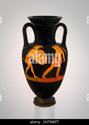 Kunst inspiriert von Terracotta Nolan Amphora (Glas), Klassik, ca. 480–470 v. Chr., Griechisch, Dachboden, Terrakotta; rote Figur, H. 13 11/16 Zoll (34,8 cm), Vasen, Vorderseite, Krieger kämpfen gegen persischen Bogenschützen, Rückwärts, Krieger. Der fast wundersame griechische Sieg in 480 B.C. über die eindringenden persianischen, klassischen Werke, die von Artotop mit einem Spritzer der Modernität modernisiert wurden. Formen, Farbe und Wert, auffällige visuelle Wirkung auf Kunst. Emotionen durch Freiheit von Kunstwerken auf zeitgemäße Weise. Eine zeitlose Botschaft, die eine wild kreative neue Richtung verfolgt. Künstler, die sich dem digitalen Medium zuwenden und die Artotop NFT erschaffen Stockfoto