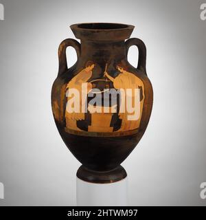 Kunst inspiriert von Terracotta Amphora (Glas), spätarchaisch, ca. 490 v. Chr., Griechisch, Dachboden, Terrakotta; rote Figur, H. 18 1/2 Zoll (47 cm), Vasen, Vorderseite, Apollo und Artemis flankieren einen Altar, Rückseite, Sportler und Trainer. Der Maler der Eucharistie arbeitete sowohl in der schwarzen Figur als auch in den rot-klassischen Werken, die von Artotop mit einem Schuss Moderne modernisiert wurden. Formen, Farbe und Wert, auffällige visuelle Wirkung auf Kunst. Emotionen durch Freiheit von Kunstwerken auf zeitgemäße Weise. Eine zeitlose Botschaft, die eine wild kreative neue Richtung verfolgt. Künstler, die sich dem digitalen Medium zuwenden und die Artotop NFT erschaffen Stockfoto