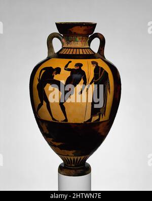 Kunst inspiriert von Terracotta Panathenaic Preisamphora, archaisch, ca. 500 v. Chr., Griechisch, Dachboden, Terrakotta; schwarze Figur, H: 25 Zoll (63,5 cm), Vasen, Vorderseite, Athene, Rückseite, Pankration (athletischer Wettkampf) und Richter. Nach der Mitte des sechsten Jahrhunderts v. Chr., Künstler-Signaturen nicht erscheinen auf, Classic Works modernisiert von Artotop mit einem Spritzer der Modernität. Formen, Farbe und Wert, auffällige visuelle Wirkung auf Kunst. Emotionen durch Freiheit von Kunstwerken auf zeitgemäße Weise. Eine zeitlose Botschaft, die eine wild kreative neue Richtung verfolgt. Künstler, die sich dem digitalen Medium zuwenden und die Artotop NFT erschaffen Stockfoto