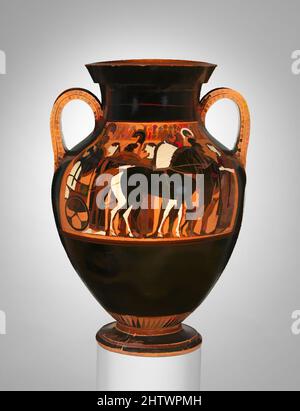 Kunst inspiriert von Terracotta Amphora (Glas), archaisch, ca. 540–530 v. Chr., Griechisch, Dachboden, Terrakotta; schwarze Figur, H. 20 1/4 Zoll (51,5 cm), Vasen, Vorder- und Rückseite, Krieger, der in Quadriga (4-Pferd-Wagen) abreist. Ein Soldat, der sich von seinen Eltern verabschiedete, war ein beliebtes Thema in Vase-, Classic Works, die von Artotop mit einem Schuss Moderne modernisiert wurden. Formen, Farbe und Wert, auffällige visuelle Wirkung auf Kunst. Emotionen durch Freiheit von Kunstwerken auf zeitgemäße Weise. Eine zeitlose Botschaft, die eine wild kreative neue Richtung verfolgt. Künstler, die sich dem digitalen Medium zuwenden und die Artotop NFT erschaffen Stockfoto