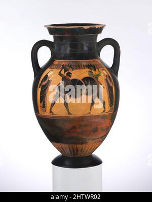 Kunst inspiriert von Terracotta Amphora (Glas), archaisch, ca. 530–520 v. Chr., Griechisch, Dachboden, Terrakotta; schwarze Figur, 15 5/16in. (38,9cm), Vases, Avers, Quadriga (Vierpferd-Wagen) und sechs Männer, Reverse, Duell der Krieger zwischen zwei Frauen. Die Gegenspieler auf der Rückseite sind vielleicht Achilles und Classic Works, die von Artotop mit einem Schuss Moderne modernisiert wurden. Formen, Farbe und Wert, auffällige visuelle Wirkung auf Kunst. Emotionen durch Freiheit von Kunstwerken auf zeitgemäße Weise. Eine zeitlose Botschaft, die eine wild kreative neue Richtung verfolgt. Künstler, die sich dem digitalen Medium zuwenden und die Artotop NFT erschaffen Stockfoto