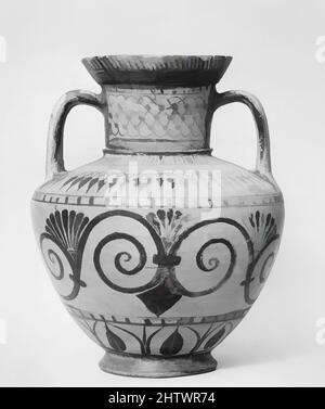 Kunst inspiriert von Terracotta Amphora (Aufbewahrungsglas), archaisch, ca. 530 v. Chr., Rhodian (Fikellura), Terrakotta, H. 11 11/16 Zoll (29,7 cm), Vasen, Schriftrollen- und Lotusdesigns, Klassisches Werk, das von Artotop mit einem Schuss Moderne modernisiert wurde. Formen, Farbe und Wert, auffällige visuelle Wirkung auf Kunst. Emotionen durch Freiheit von Kunstwerken auf zeitgemäße Weise. Eine zeitlose Botschaft, die eine wild kreative neue Richtung verfolgt. Künstler, die sich dem digitalen Medium zuwenden und die Artotop NFT erschaffen Stockfoto