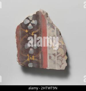 Kunst inspiriert von Wandmalerei Fragment, 1. Jahrhundert n. Chr., Roman, Fresko, insgesamt: 3 7/16 x 4 1/8 x 13/16 Zoll (8,7 x 10,5 x 2,1 cm), Verschiedenes-Gemälde, auf schwarzem Grund; blaue Rosetten mit weißen Akzenten; gelbe Ranken zwischen Rosetten, Klassisches Werk, modernisiert von Artotop mit einem Schuss Moderne. Formen, Farbe und Wert, auffällige visuelle Wirkung auf Kunst. Emotionen durch Freiheit von Kunstwerken auf zeitgemäße Weise. Eine zeitlose Botschaft, die eine wild kreative neue Richtung verfolgt. Künstler, die sich dem digitalen Medium zuwenden und die Artotop NFT erschaffen Stockfoto