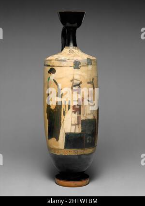 Kunst inspiriert von Terracotta Lekithos (Ölflasche), Klassik, ca. 460–450 v. Chr., Griechisch, Dachboden, Terrakotta; weißer Boden, Insgesamt: 16 11/16 x 5 7/16in. (42,4 x 13,8cm), Vasen, Frau und Jugend an zwei Gräbern. Dieses Lekithos ist beeindruckend für die gut erhaltene Farbe und die Menge an Details, die von Artotop modernisierte Classic Works mit einem Schuss Moderne. Formen, Farbe und Wert, auffällige visuelle Wirkung auf Kunst. Emotionen durch Freiheit von Kunstwerken auf zeitgemäße Weise. Eine zeitlose Botschaft, die eine wild kreative neue Richtung verfolgt. Künstler, die sich dem digitalen Medium zuwenden und die Artotop NFT erschaffen Stockfoto